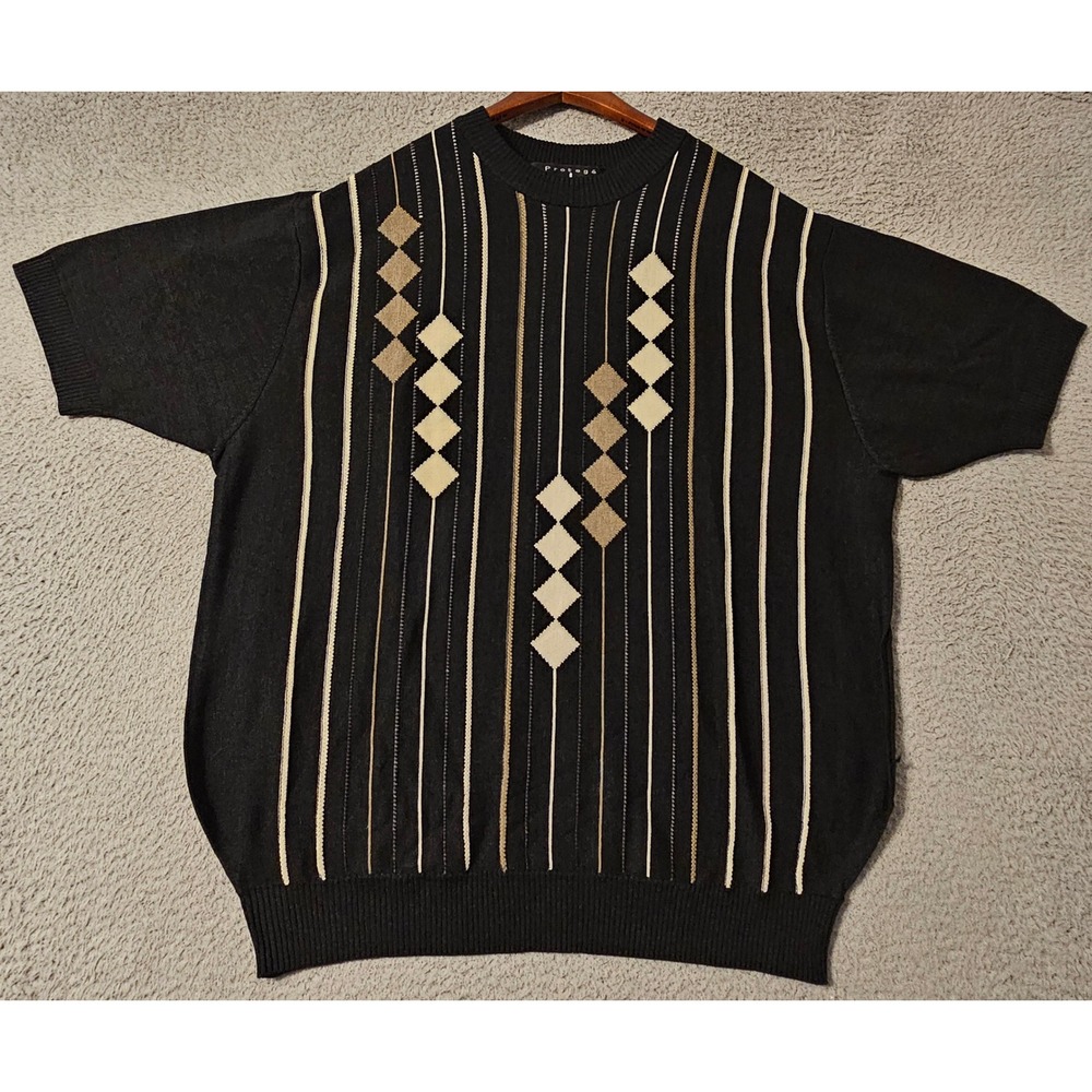 Protege Collection Mens Silk Cotton Short Sleeve Sweater Black Diamond Stripe L